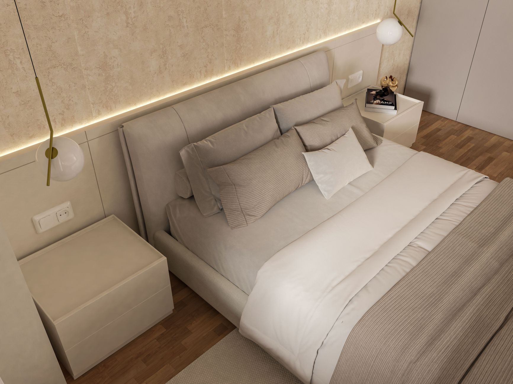 Chambre minimaliste et lumineuse.