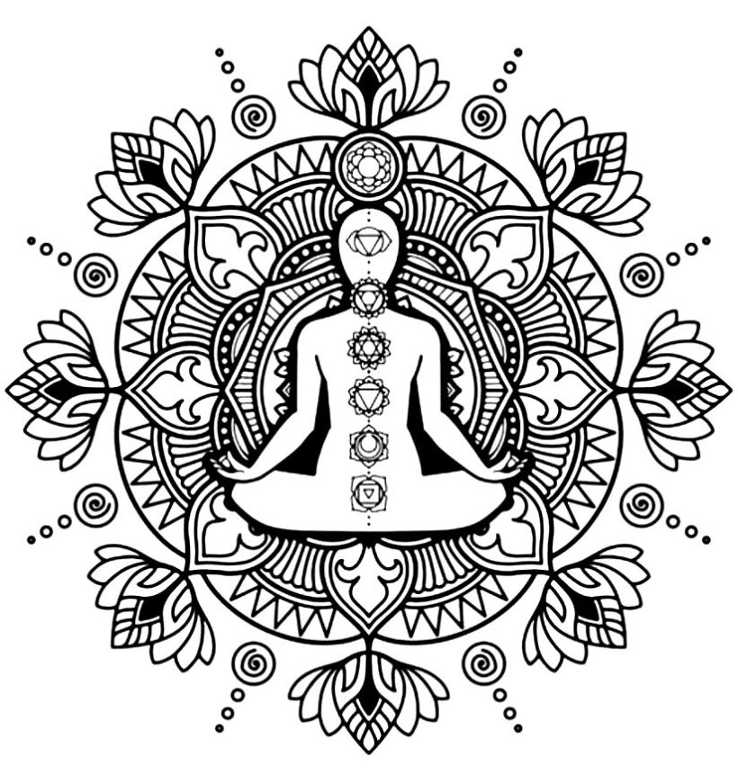 Personne en meditation avec symboles de chakras.